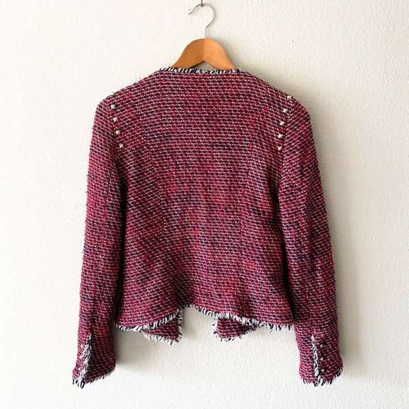 Zara Trafaluc red blue studded jacket frayed cotton acrylic L - Picture 5 of 9